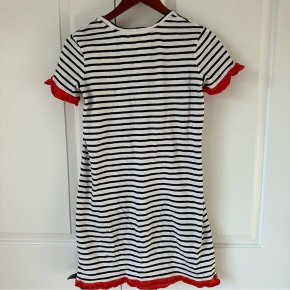 Boden Size 4 Navy and White Striped Knee Length Dress with Orange Ruffle Sleeve - Picture 3 of 4